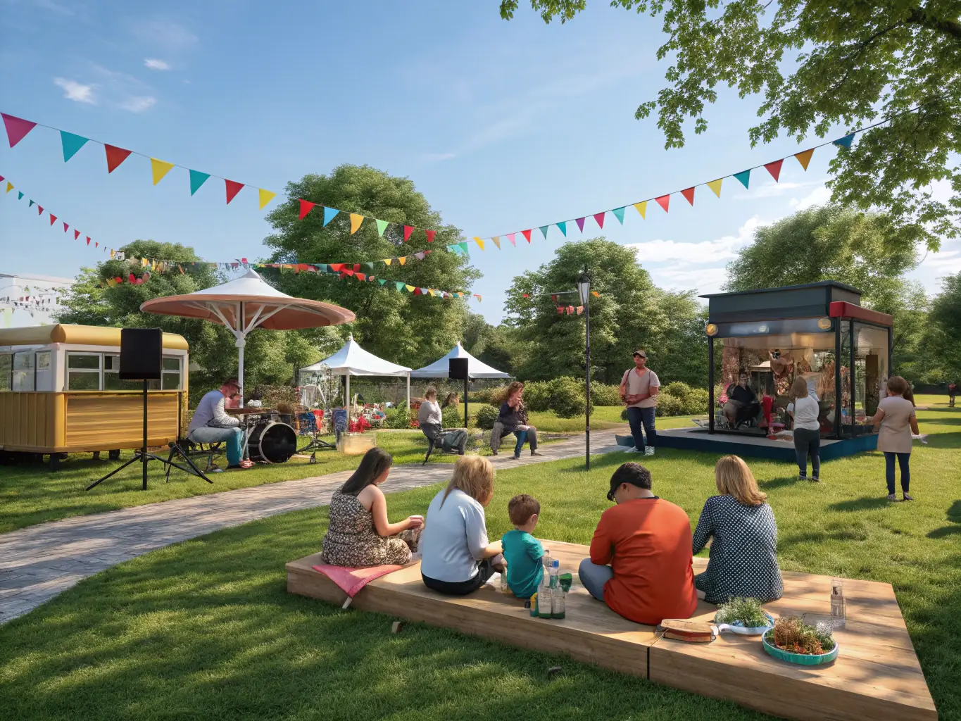 A photograph showcasing a cultural event organized by OFF ROAD COACHING, featuring participants enjoying music, food, and camaraderie in a festive setting.