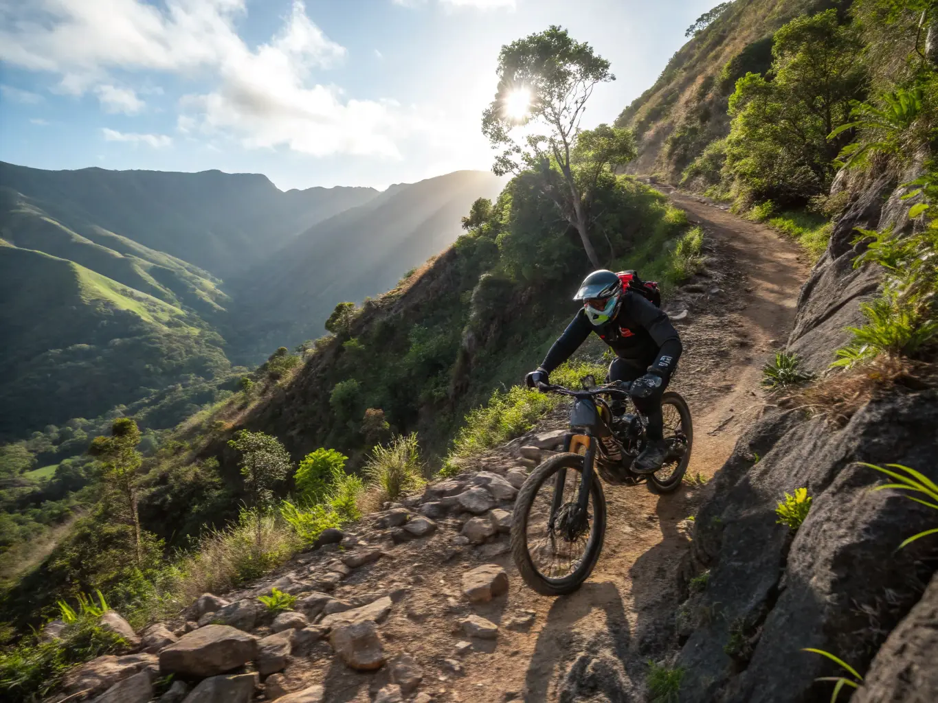 A dynamic shot of a professional rider demonstrating advanced off-road techniques during a coaching session, with participants observing and learning.